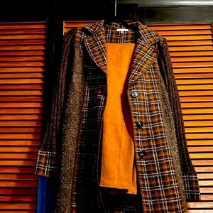 Brown plaid sweater jacket (small) size 8 with suede spanx ( size medium)